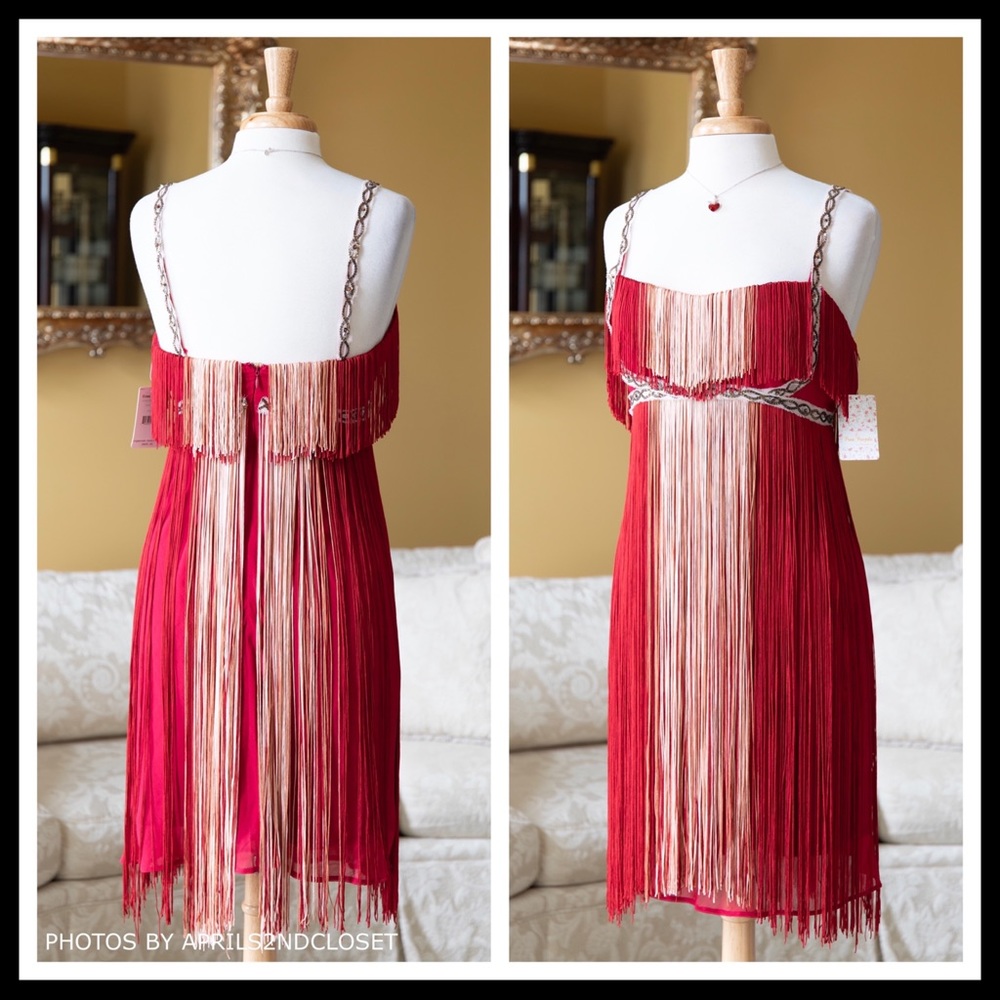 FREE PEOPLE RED FRINGE SLIP PARTY DRESS - Picture 2 of 8